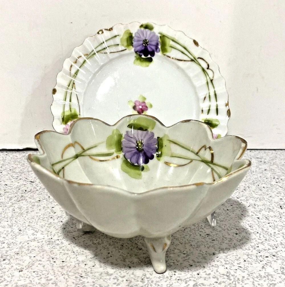 Mayonnaise Bowl & Drip Dish Set Porcelain Hand Painted Pink Purple Flowers Japan